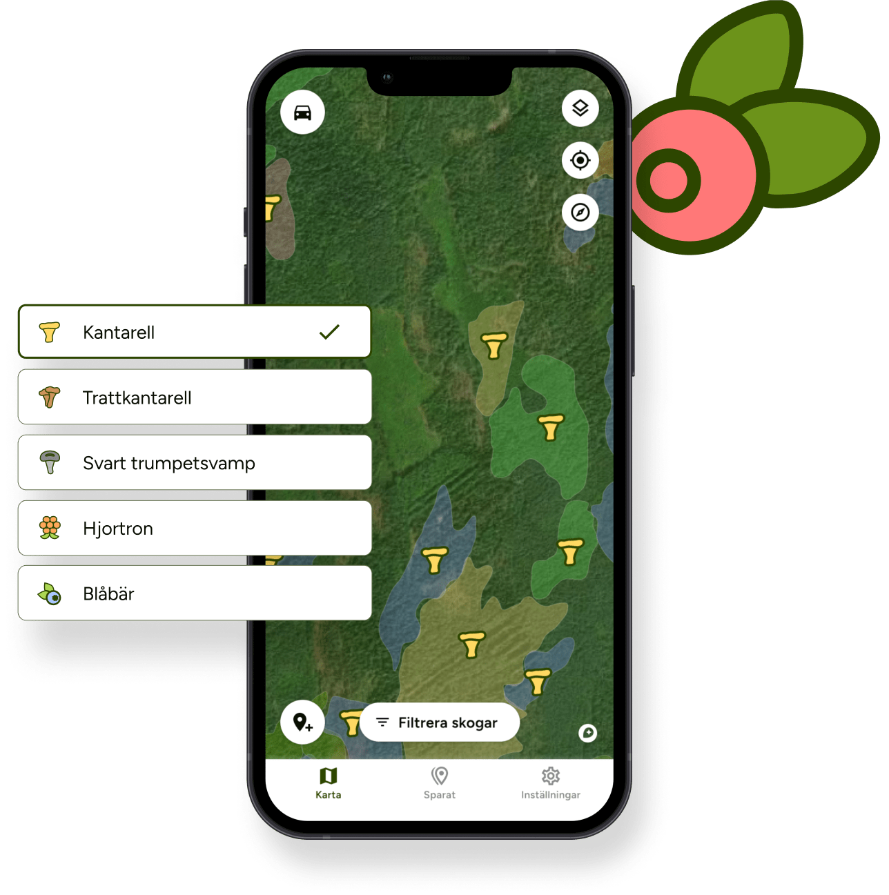 Hitta Skog-appen med filter för att hitta skogar med svamp.